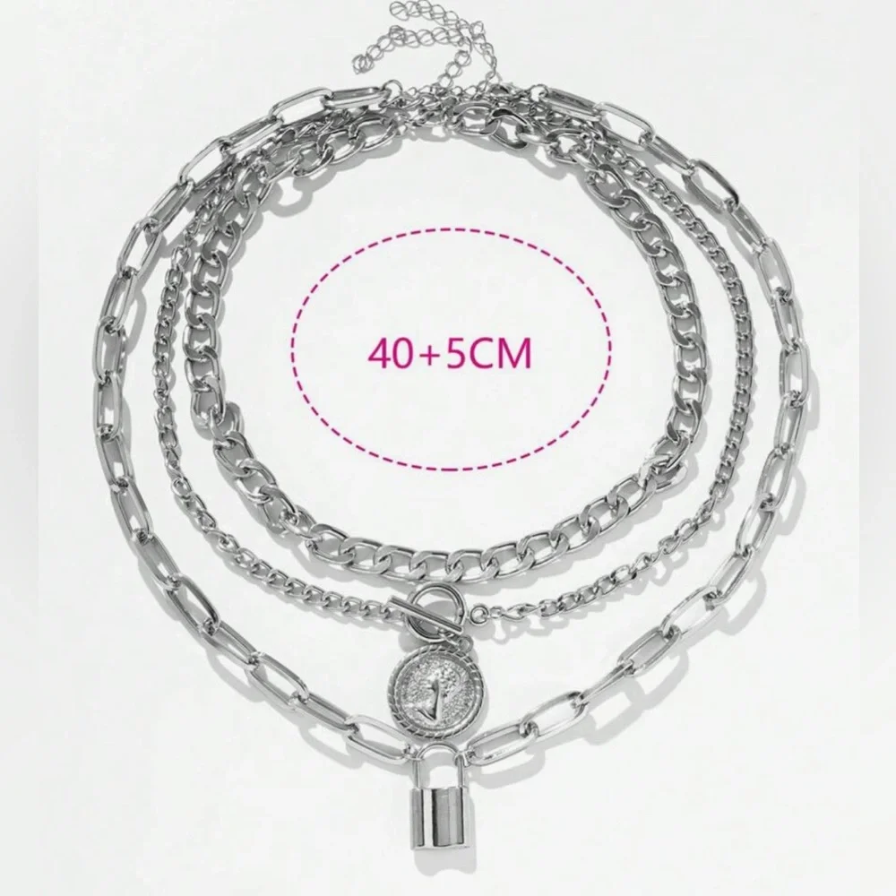 Silver Layered Chain Necklace Lock 3 piece Set - Picture 4 of 4